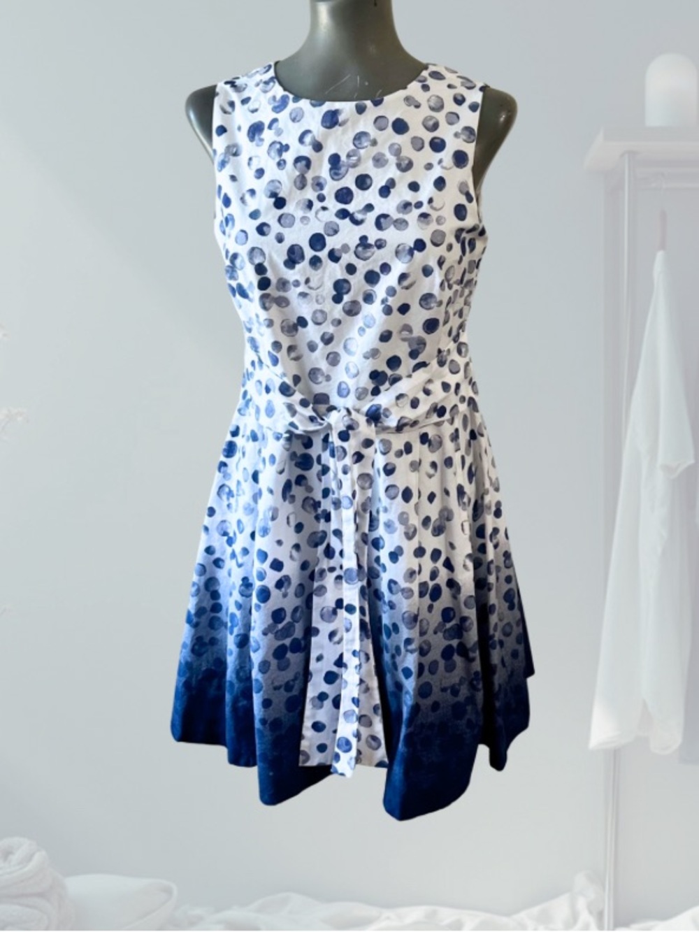 DKNY White and Navy Polka Dot Ombre Fit & Flare Dress